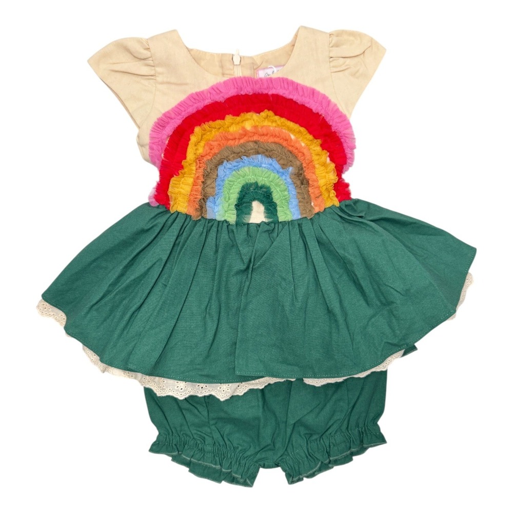 NWT Girl August Rainbow Dress Bloomers Sz 2 Green Tulle‎ Tie Back Whimsical